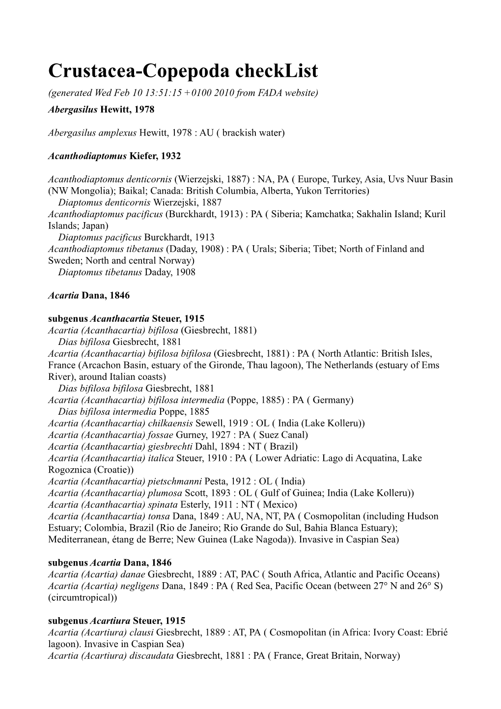 Crustacea-Copepoda Checklist (Generated Wed Feb 10 13:51:15 +0100 2010 from FADA Website) Abergasilus Hewitt, 1978