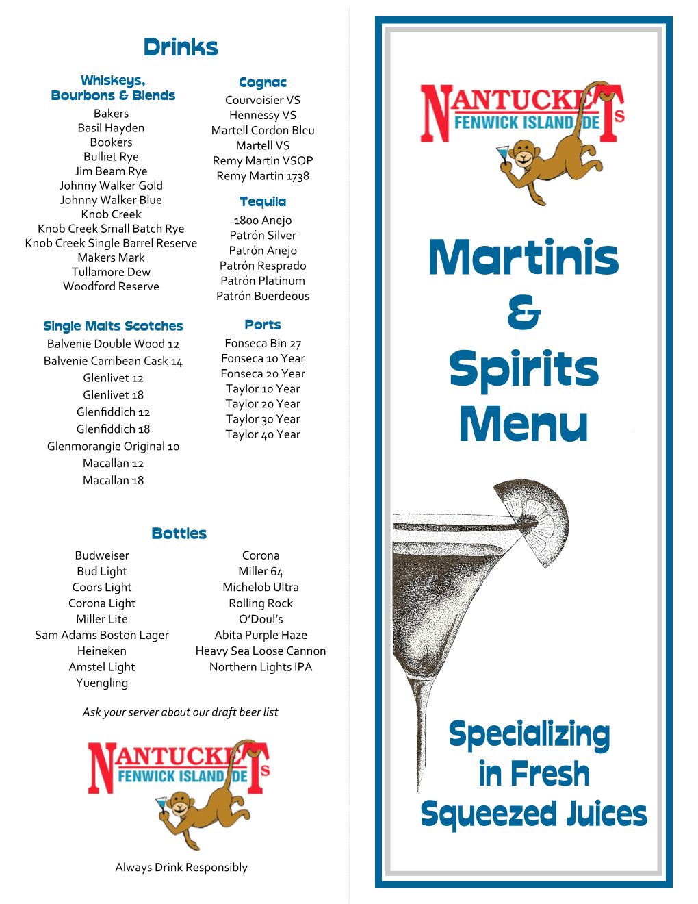 Martinis & Spirits Menu