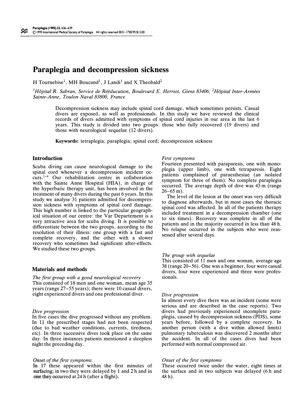 Paraplegia and Decompression Sickness