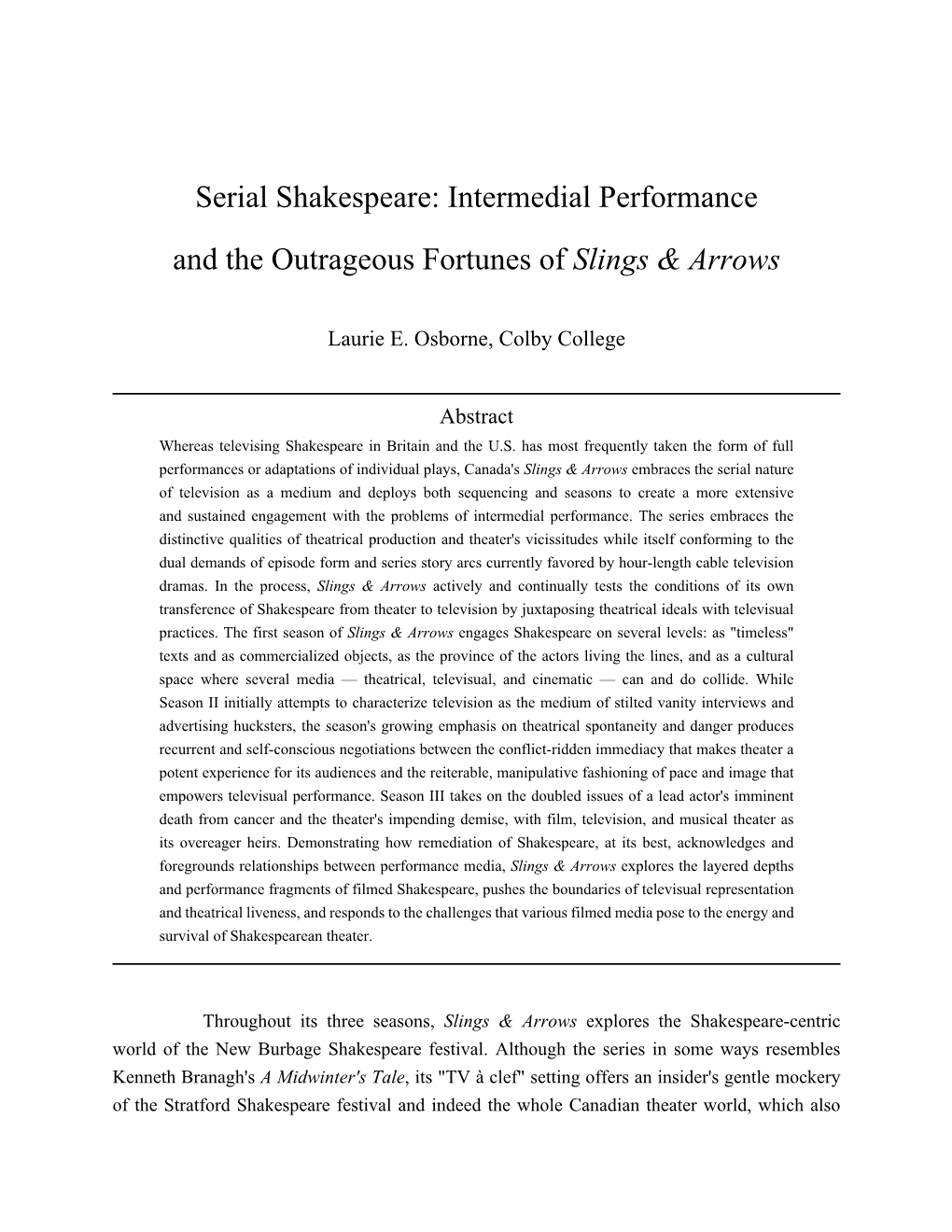 Serial Shakespeare: Intermedial Performance