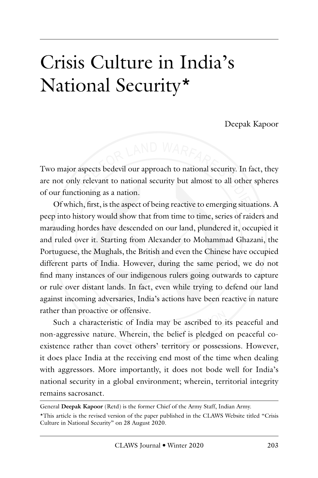 Crisis Culture in India's National Security*