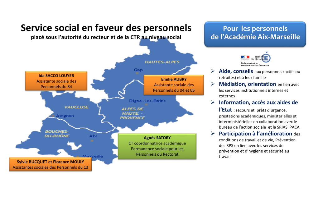 Service Social En Faveur Des Personnels Pour Les Personnels Placé Sous L’Autorité Du Recteur Et De La CTR Au Niveau Social De L’Académie Aix-Marseille