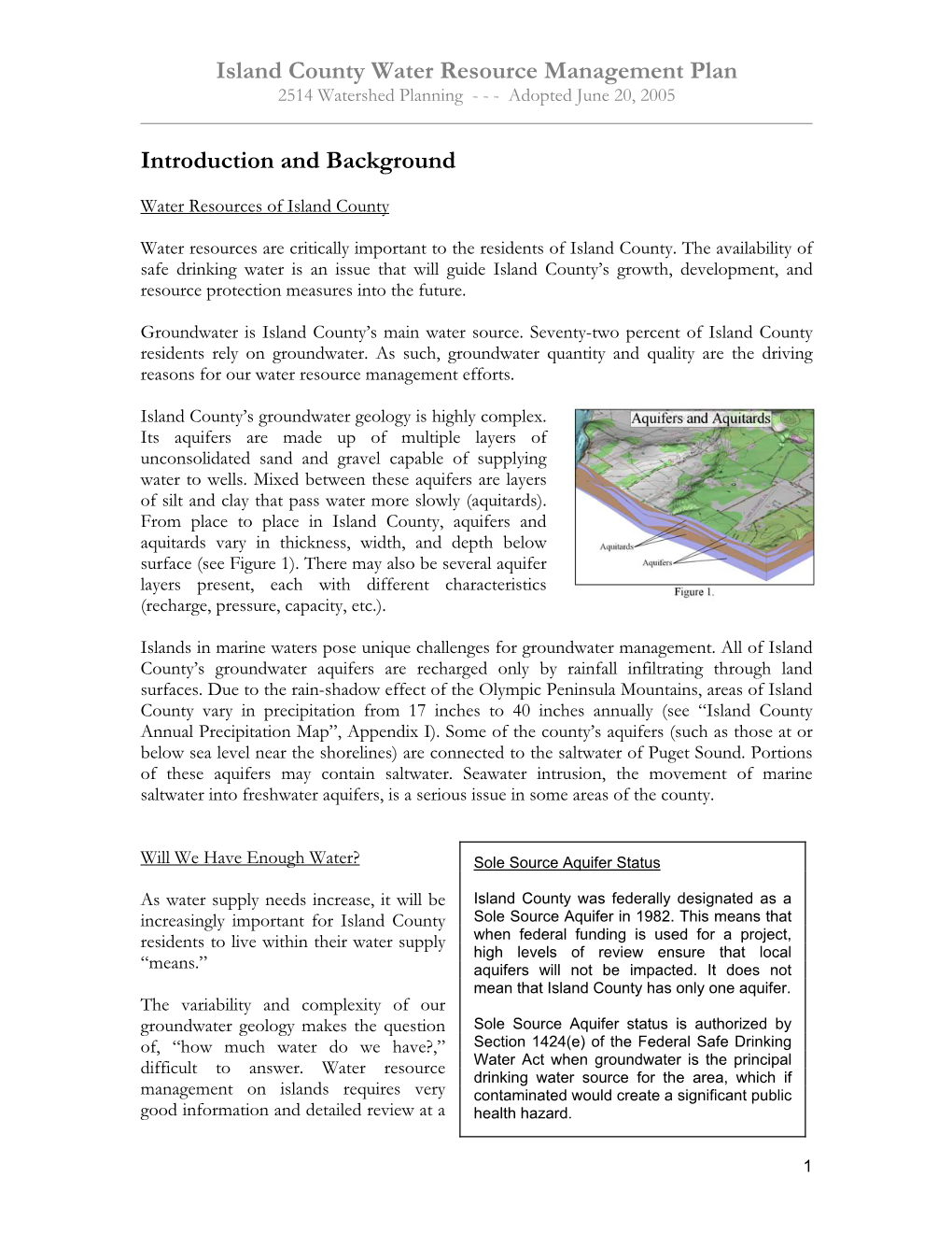 Island County Water Resource Management Plan 2514 Watershed Planning - - - Adopted June 20, 2005 ______