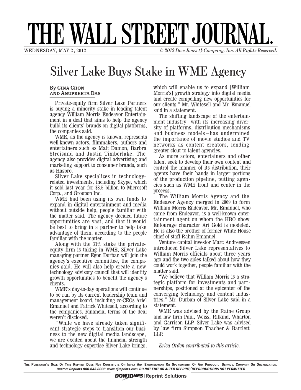 Silver Lake Buys Stake in WME Agency