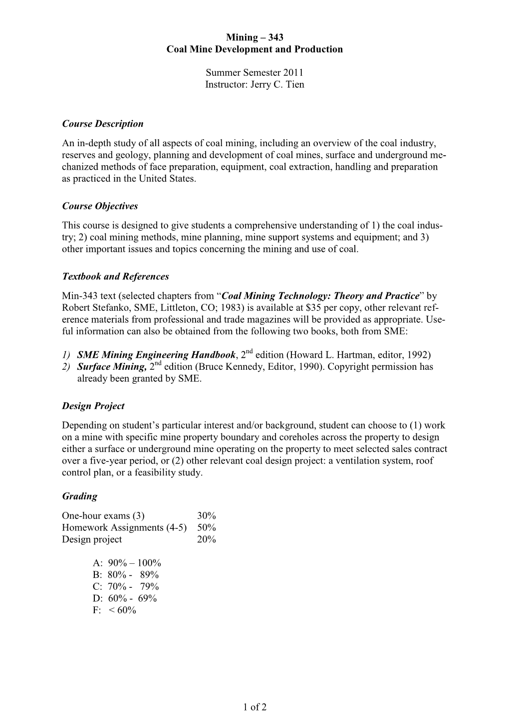 Mining Engineering 343, Online