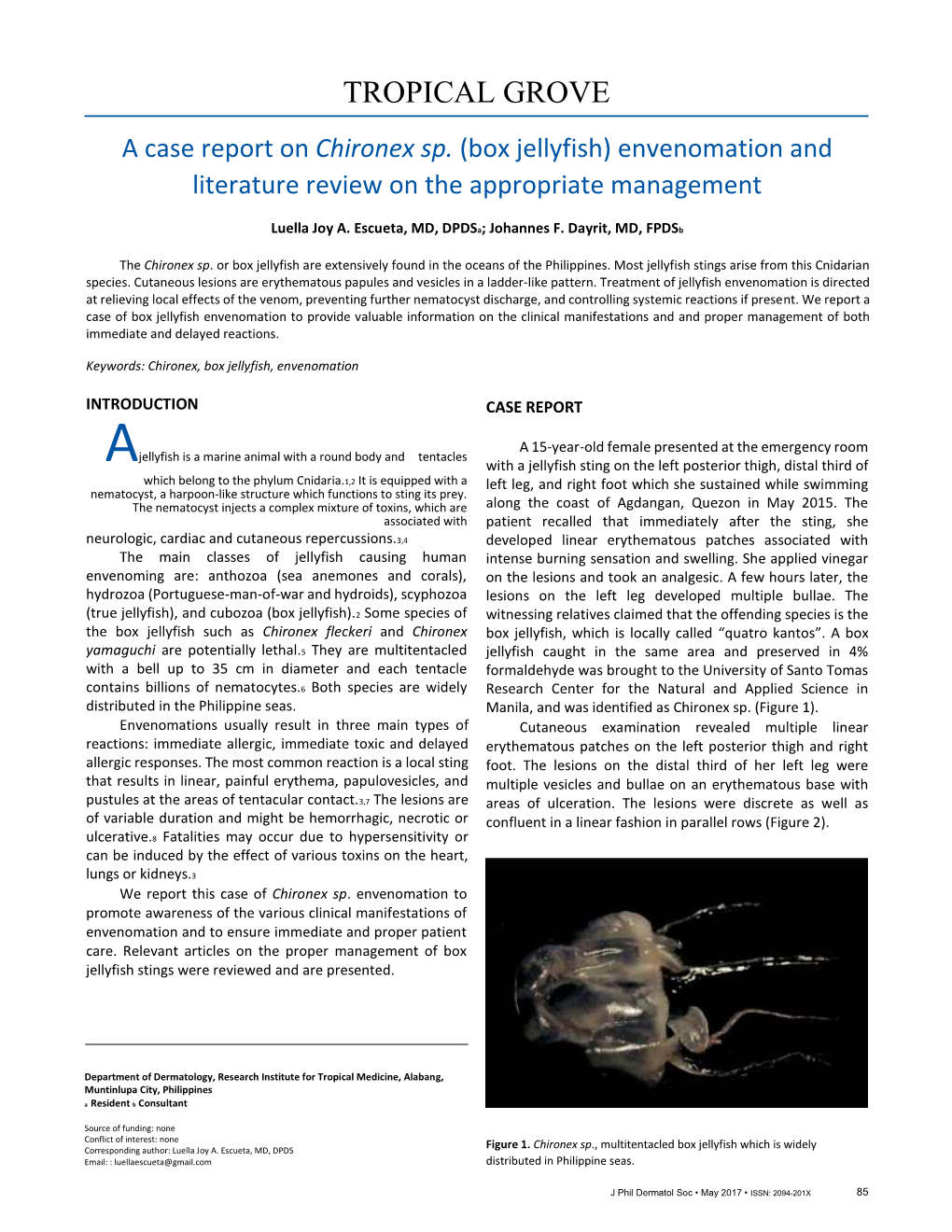 A Case Report on Chironex Sp (Box Jellyfish) Envenomation And