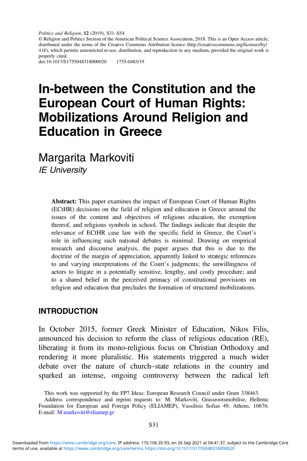 In-Between the Constitution and the European Court of Human Rights: Mobilizations Around Religion and Education in Greece