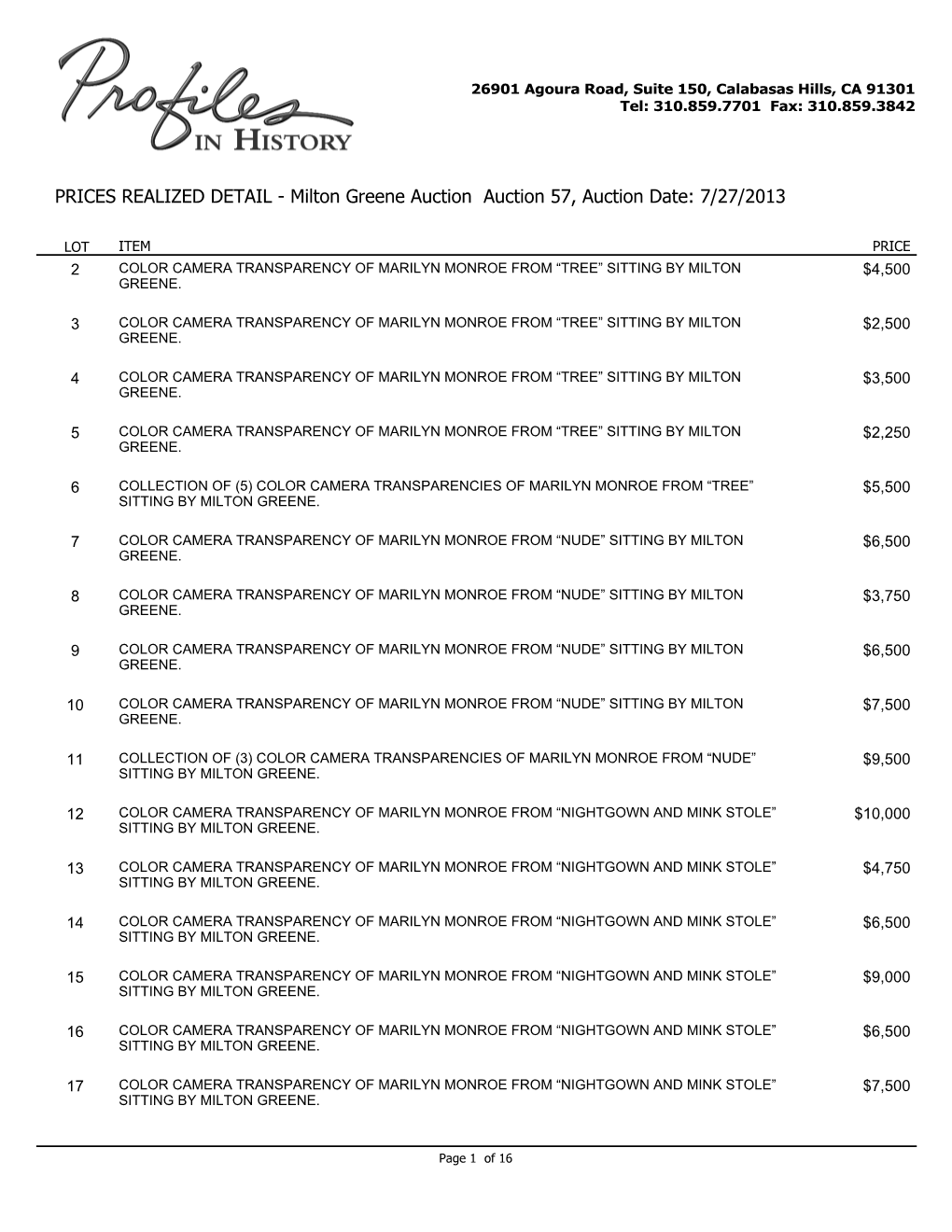 PRICES REALIZED DETAIL - Milton Greene Auction Auction 57, Auction Date: 7/27/2013