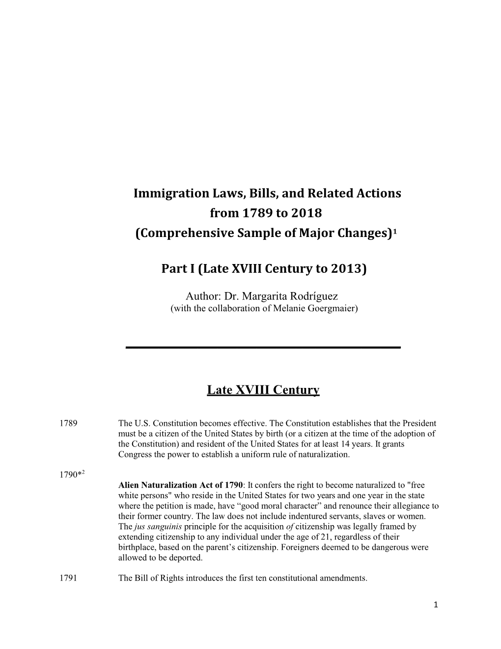 Immigration Laws, Bills, and Related Actions from 1789 to 2018 (Comprehensive Sample of Major Changes)1