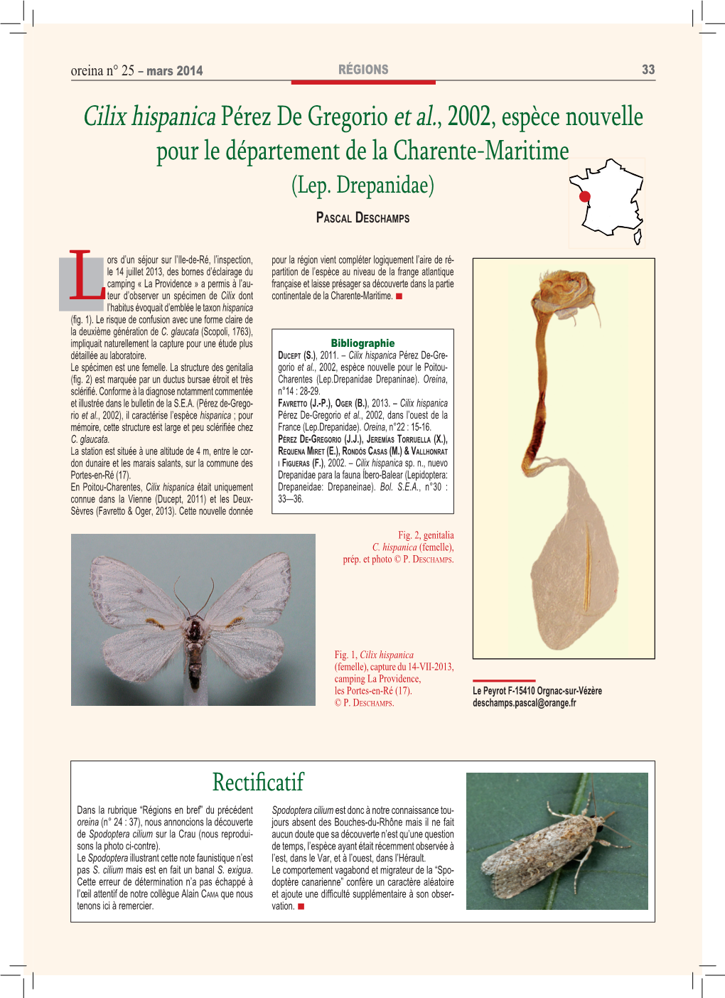 Cilix Hispanica Pérez De Gregorio Et Al., 2002, Espèce Nouvelle Pour Le Département De La Charente-Maritime (Lep