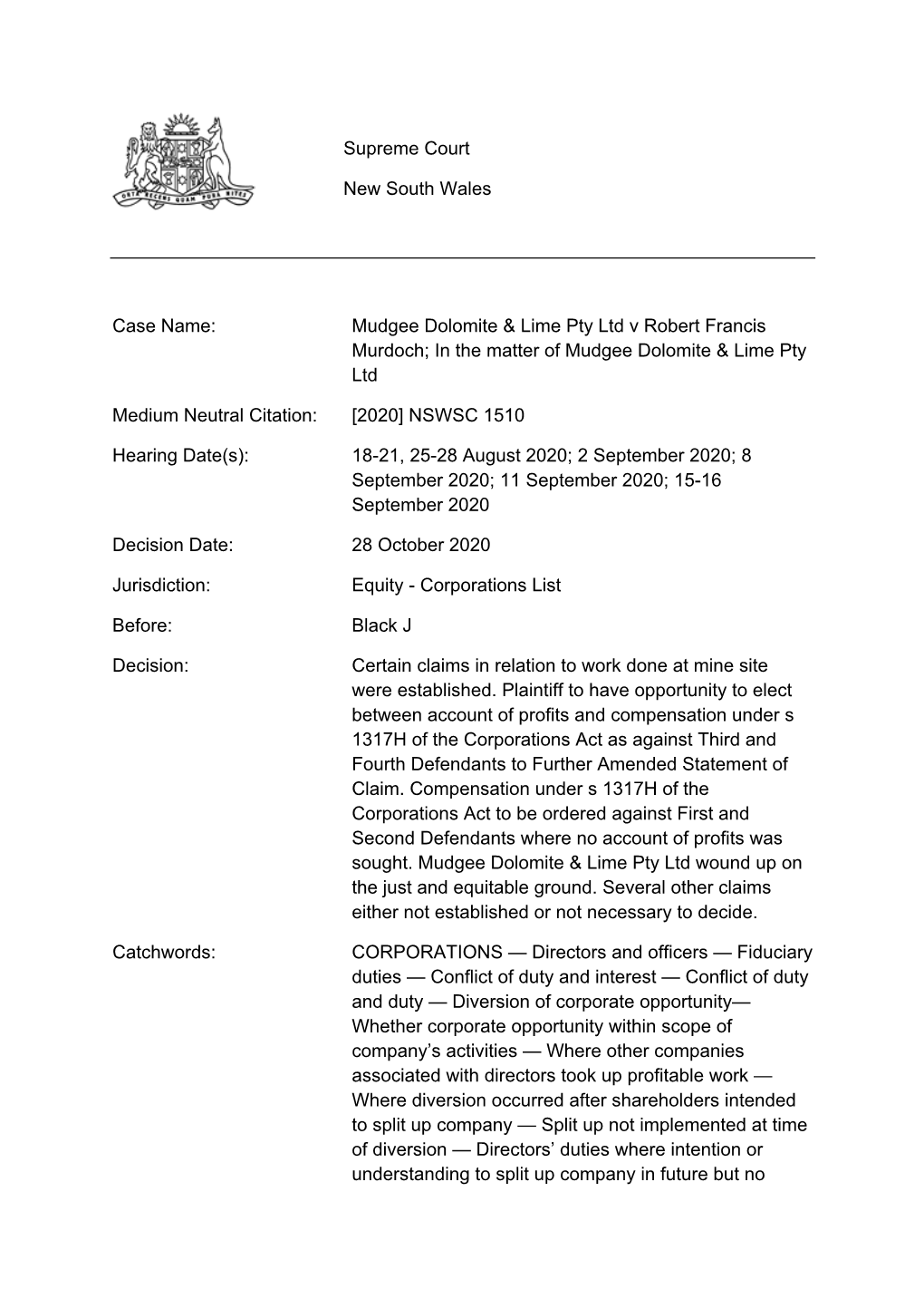 Mudgee Dolomite & Lime Pty Ltd V Robert Francis Murdoch