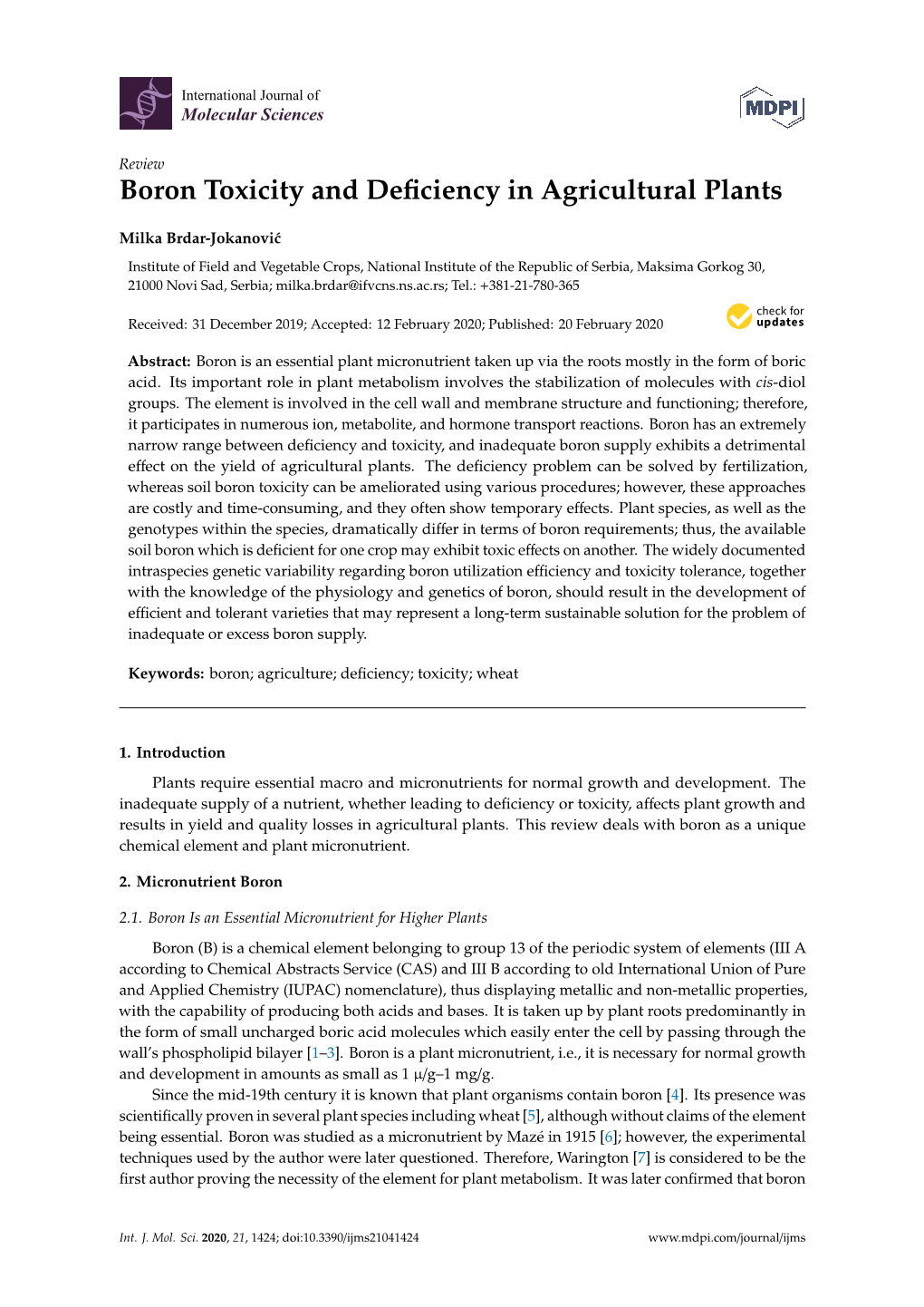 Boron Toxicity and Deficiency in Agricultural Plants