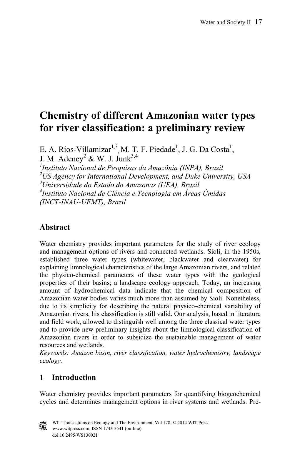 Chemistry of Different Amazonian Water Types for River Classification: a Preliminary Review