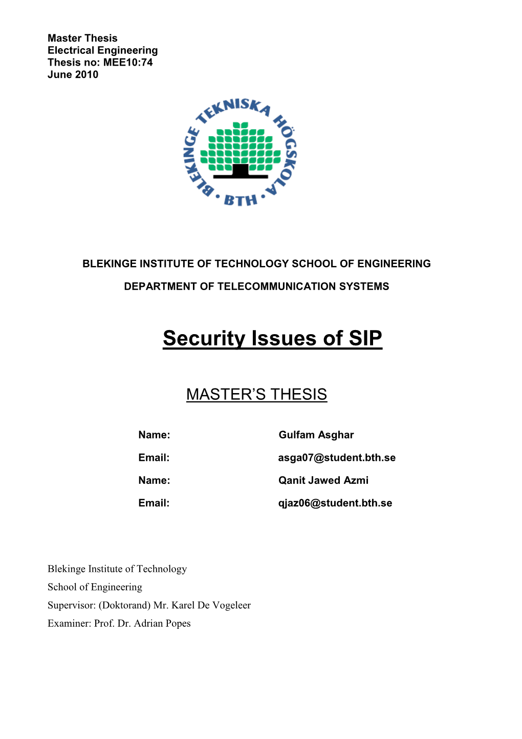 Security Issues of SIP