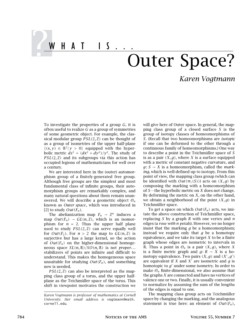 Outer Space? Karen Vogtmann