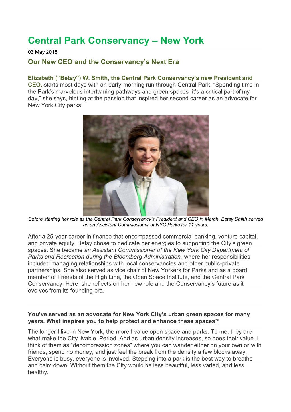 Central Park Conservancy – New York 03 May 2018 Our New CEO and the Conservancy’S Next Era