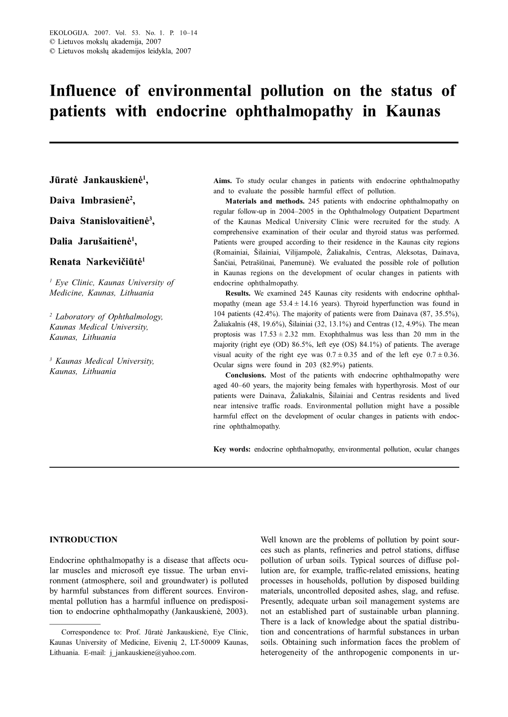 Influence of Environmental Pollution on the Status of Patients with Endocrine Ophthalmopathy in Kaunas