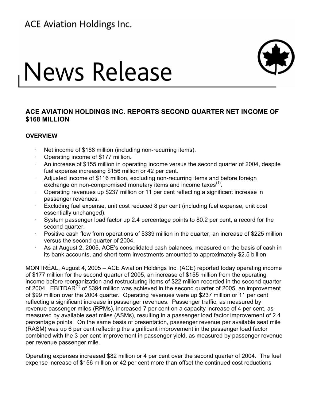 Ace Aviation Holdings Inc. Reports Second Quarter Net Income of $168 Million