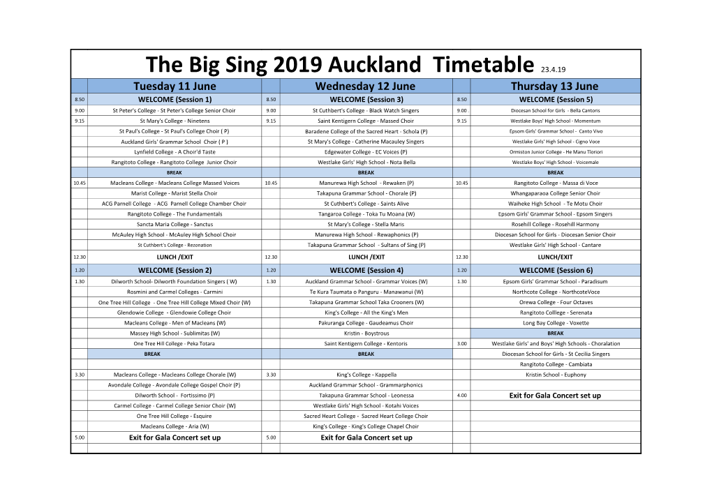 The Big Sing 2019 Auckland Timetable 23.4.19