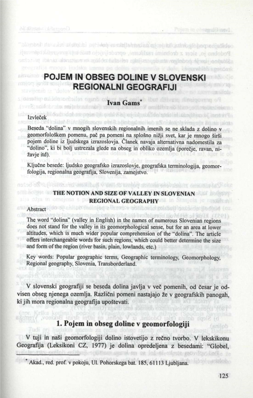 Pojem in Obseg Doline V Slovenski Regionalni Geografiji