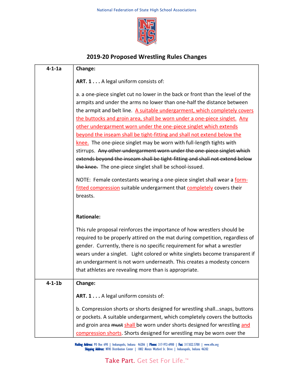 2019-20 Proposed Wrestling Rules Changes 4-1-1A Change