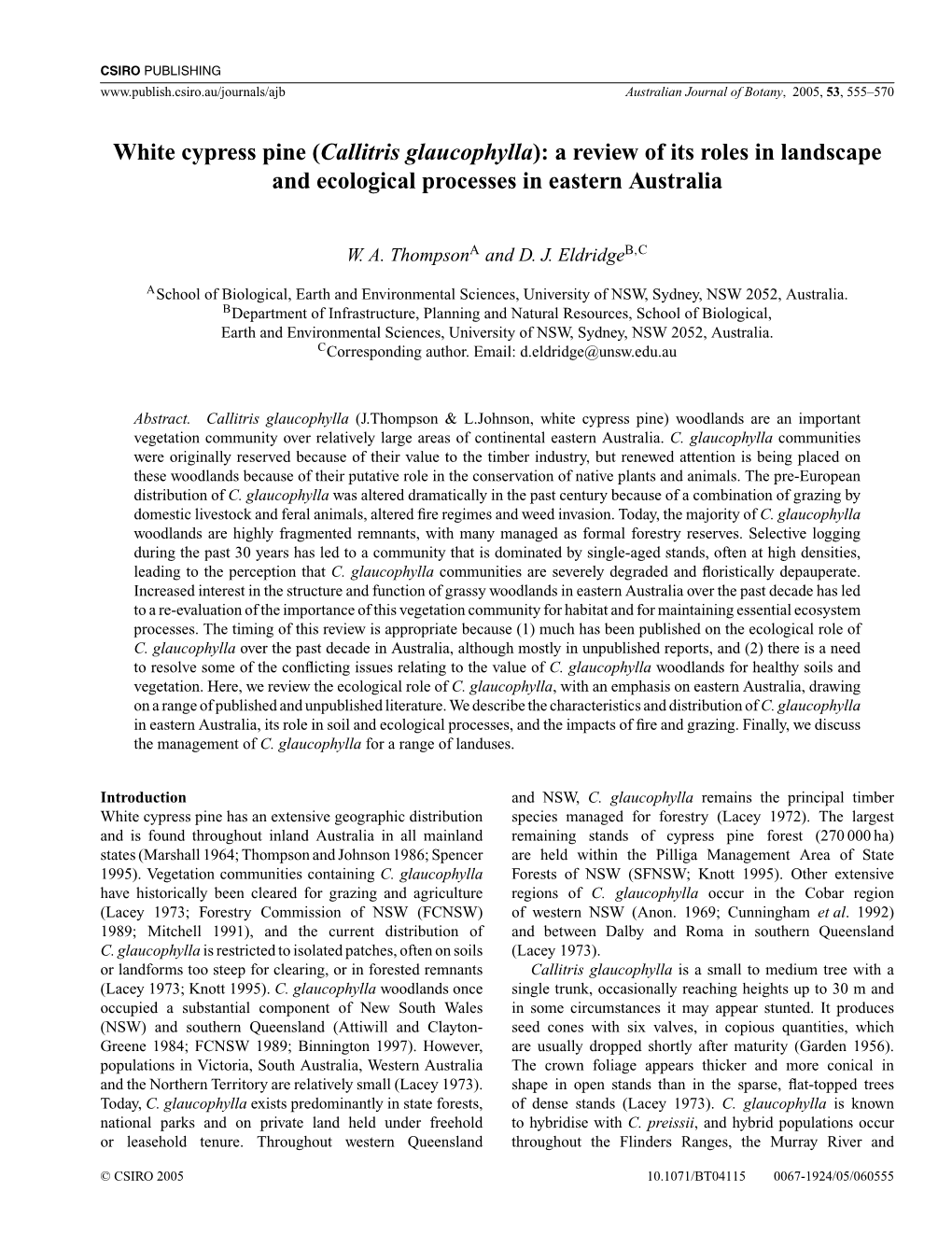 White Cypress Pine (Callitris Glaucophylla): a Review of Its Roles in Landscape and Ecological Processes in Eastern Australia