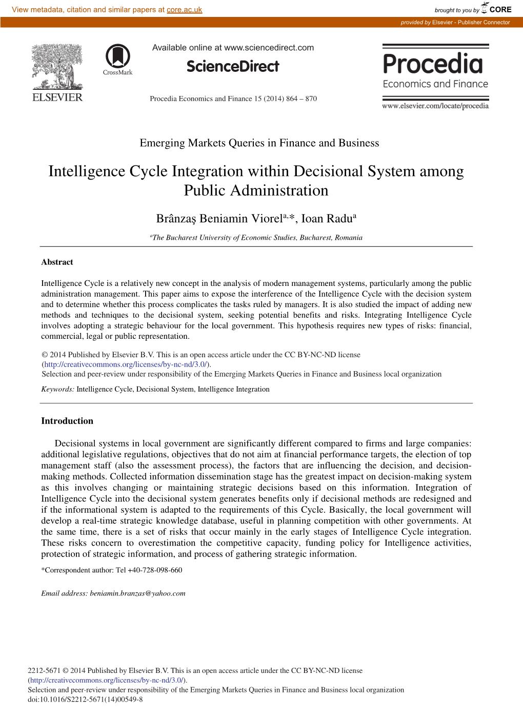 Intelligence Cycle Integration Within Decisional System Among Public Administration