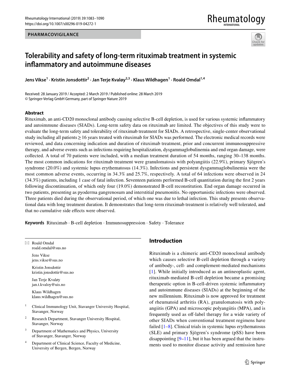 Tolerability and Safety of Long-Term Rituximab Treatment in Systemic Infammatory and Autoimmune Diseases