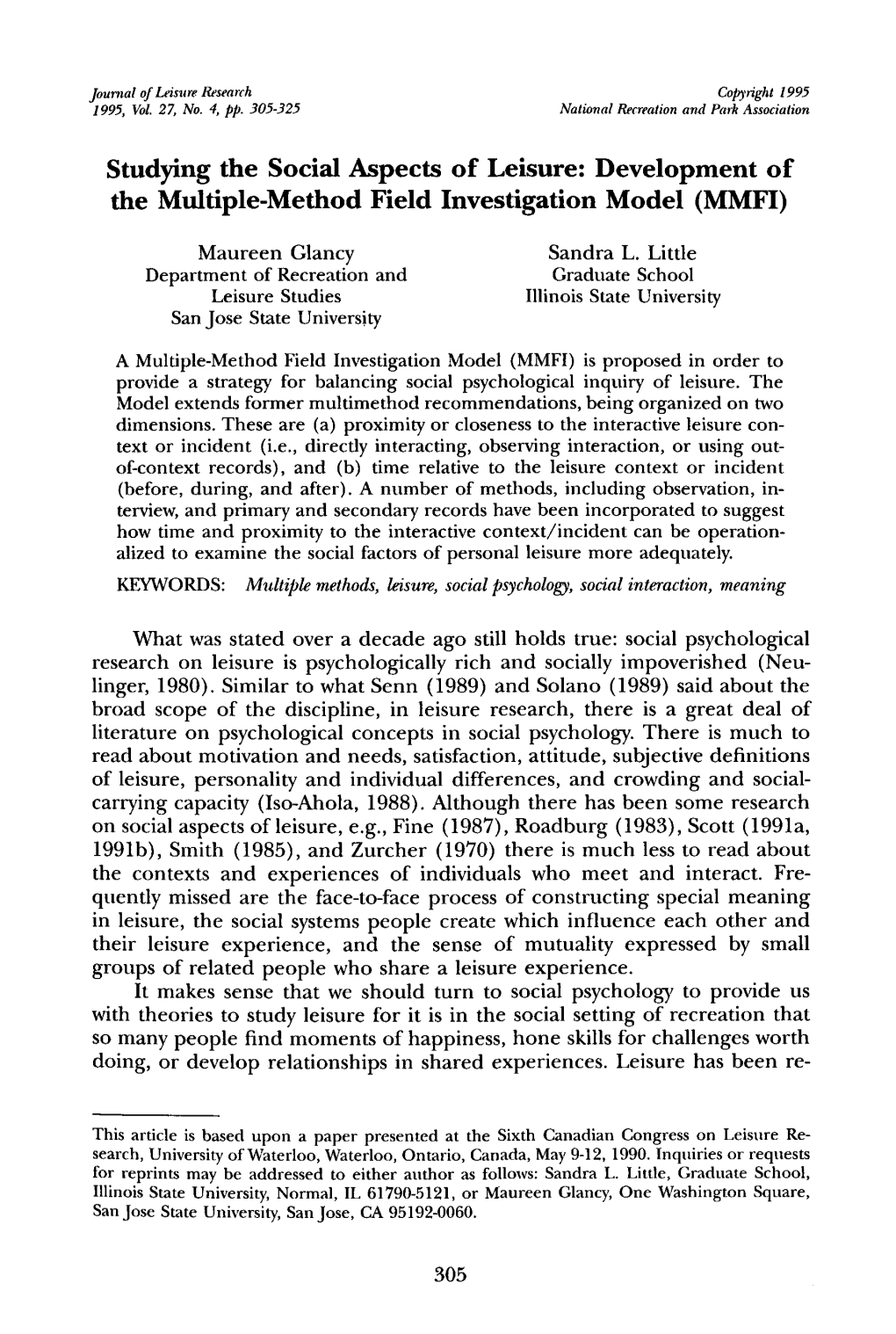 Studying the Social Aspects of Leisure: Development of the Multiple-Method Field Investigation Model (MMFI)