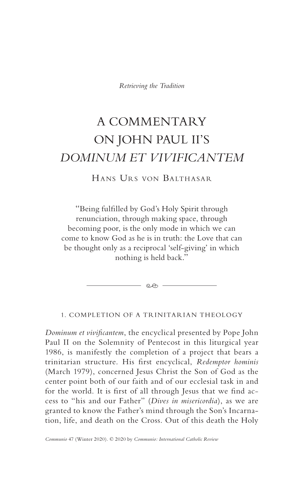 A Commentary on John Paul Ii's Dominum Et Vivificantem