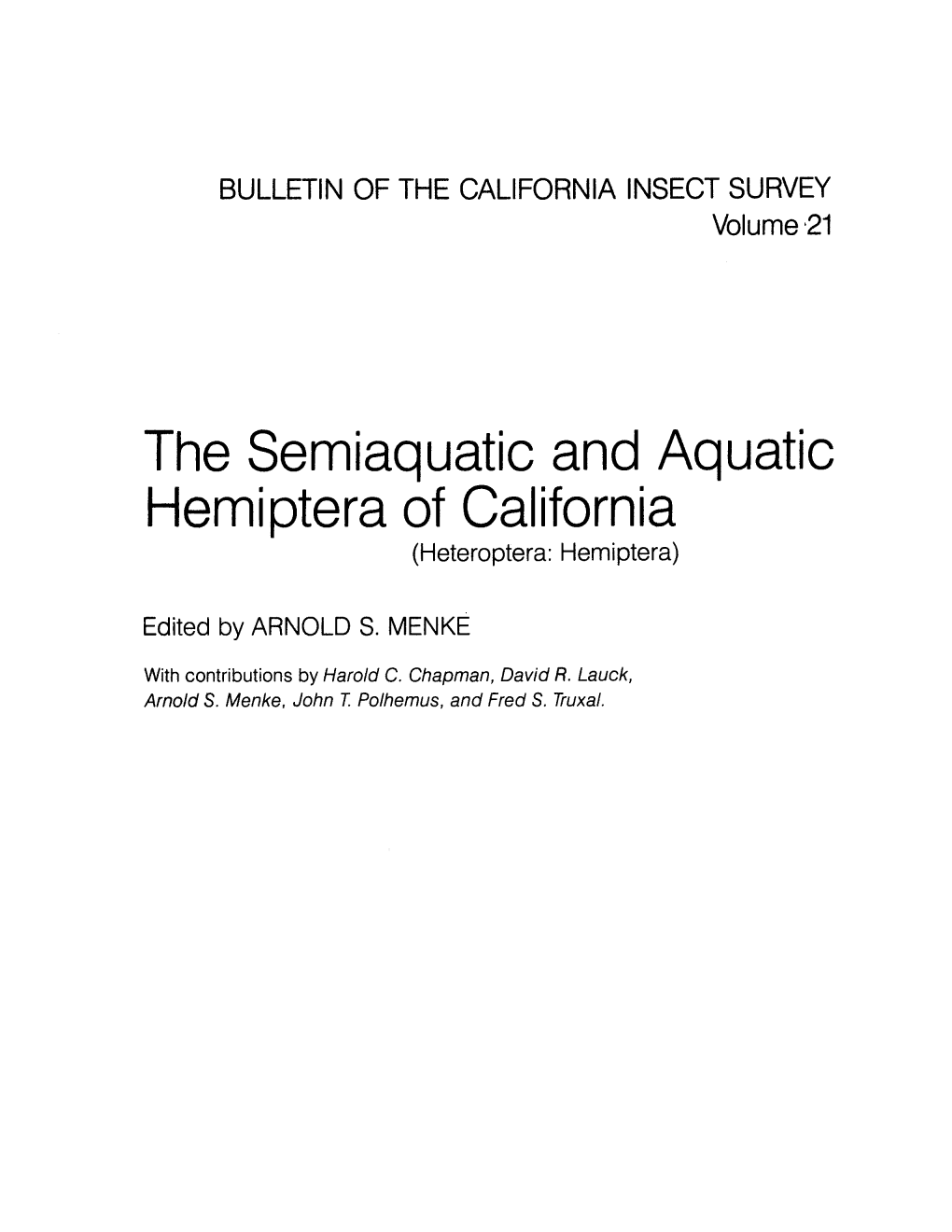 The Semiaquatic and Aquatic Hemiptera of California (Heteroptera: Hemiptera)