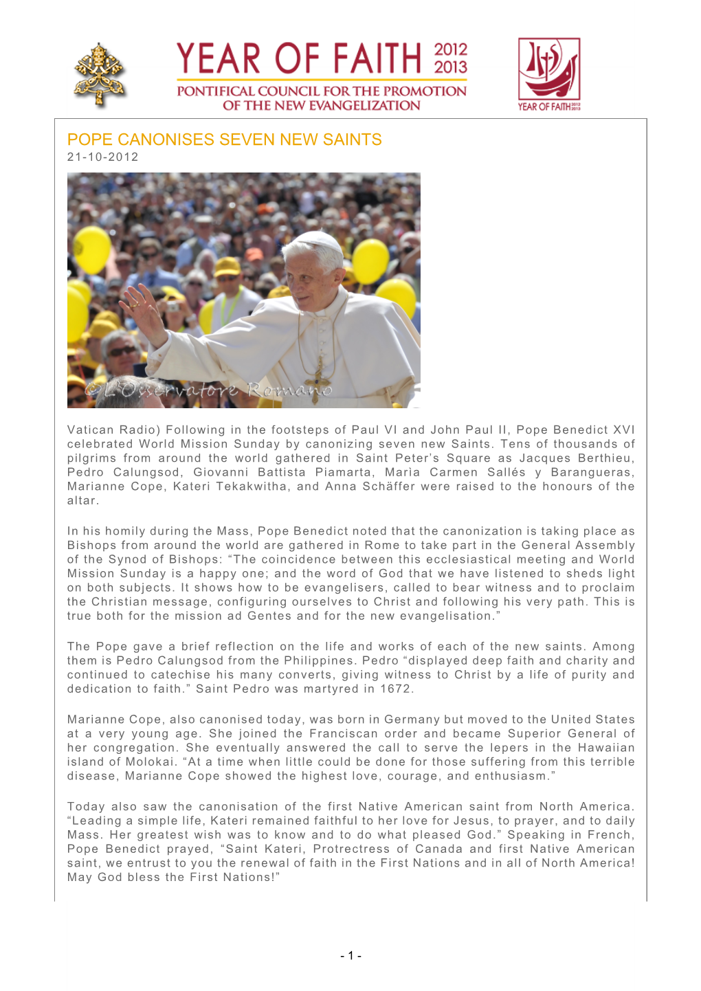 Pope Canonises Seven New Saints 21-10-2012