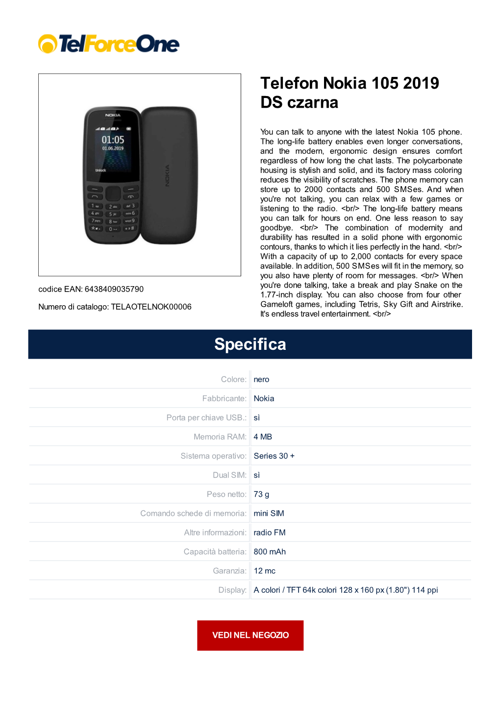 Telefon Nokia 105 2019 DS Czarna Specifica