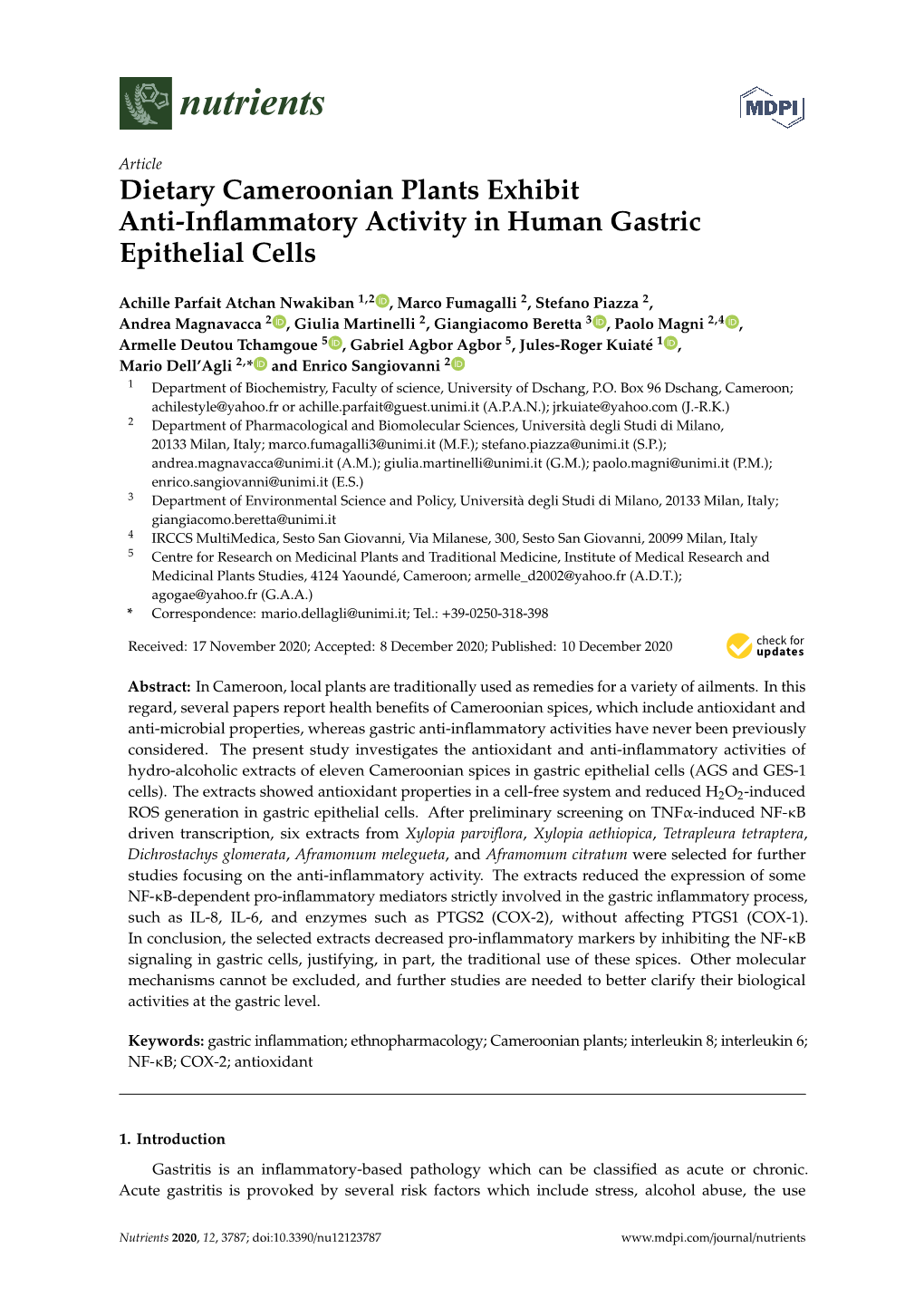 Dietary Cameroonian Plants Exhibit Anti-Inflammatory Activity in Human Gastric Epithelial Cells