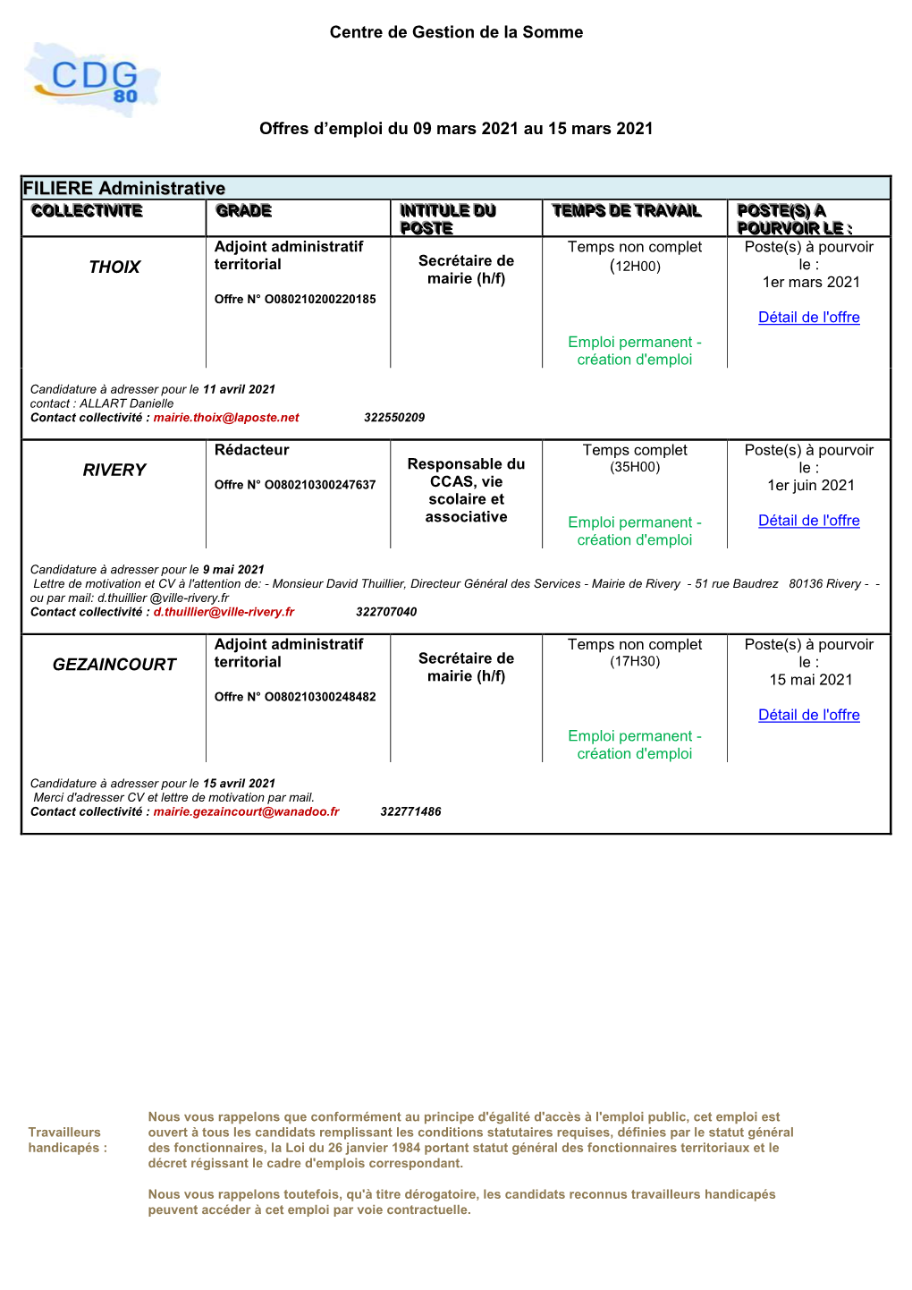 Centre De Gestion De La Somme Offres D'emploi Du 09 Mars 2021 Au 15