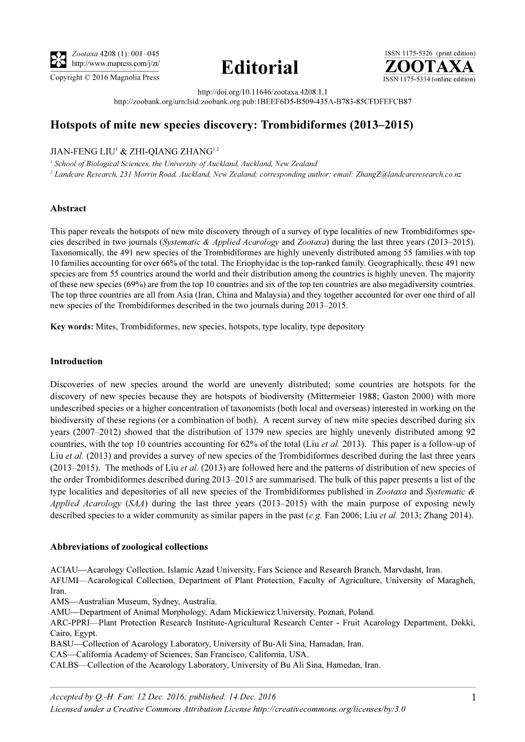 Hotspots of Mite New Species Discovery: Trombidiformes (2013–2015)