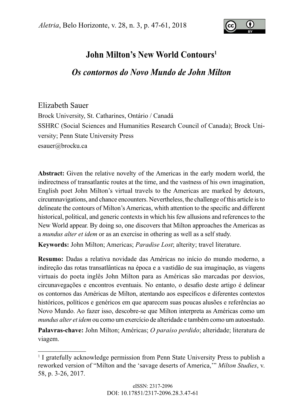 John Milton's New World Contours1 Os Contornos Do Novo Mundo De