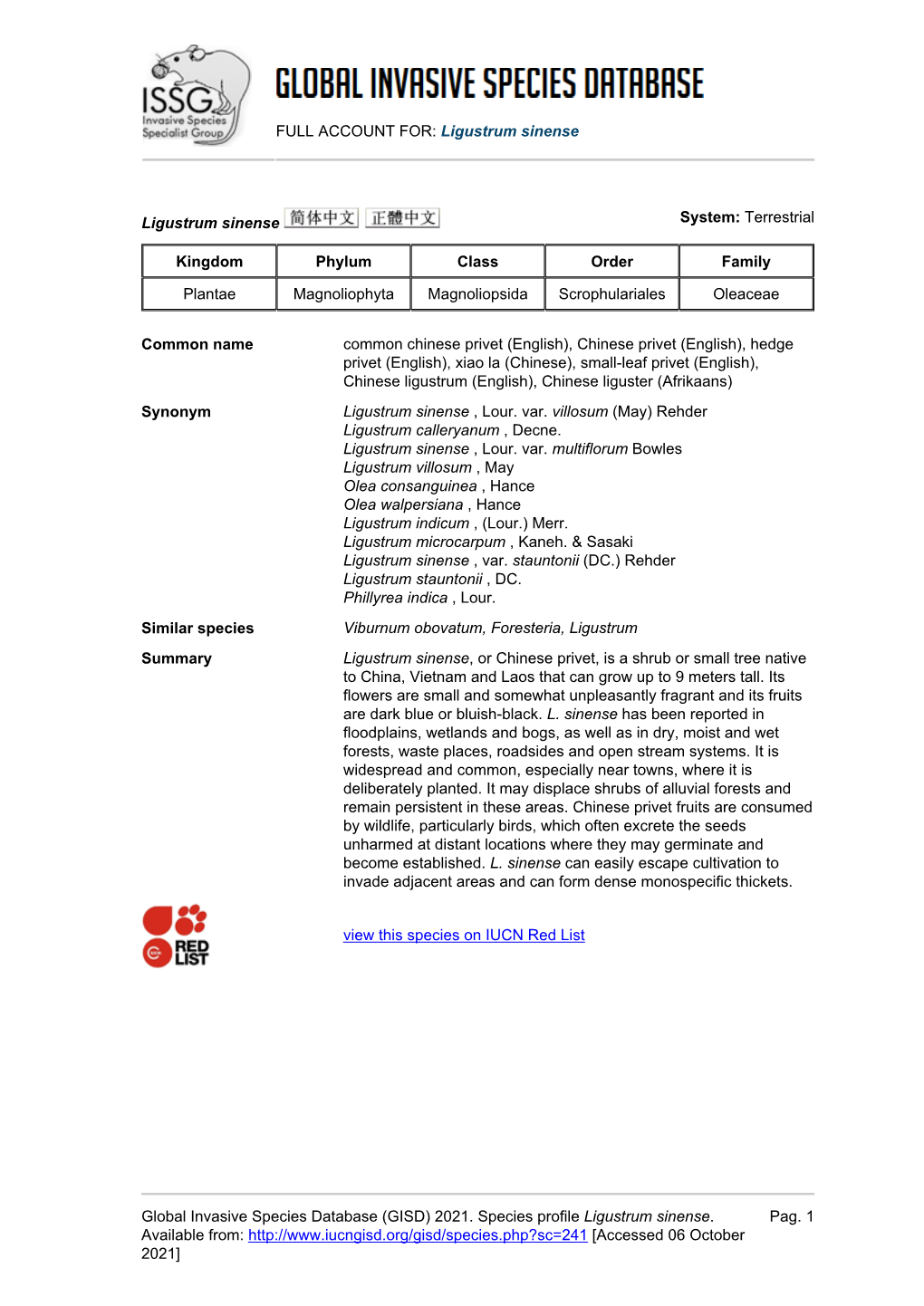 FULL ACCOUNT FOR: Ligustrum Sinense Global Invasive Species Database (GISD) 2021. Species Profile Ligustrum Sinense. Available F