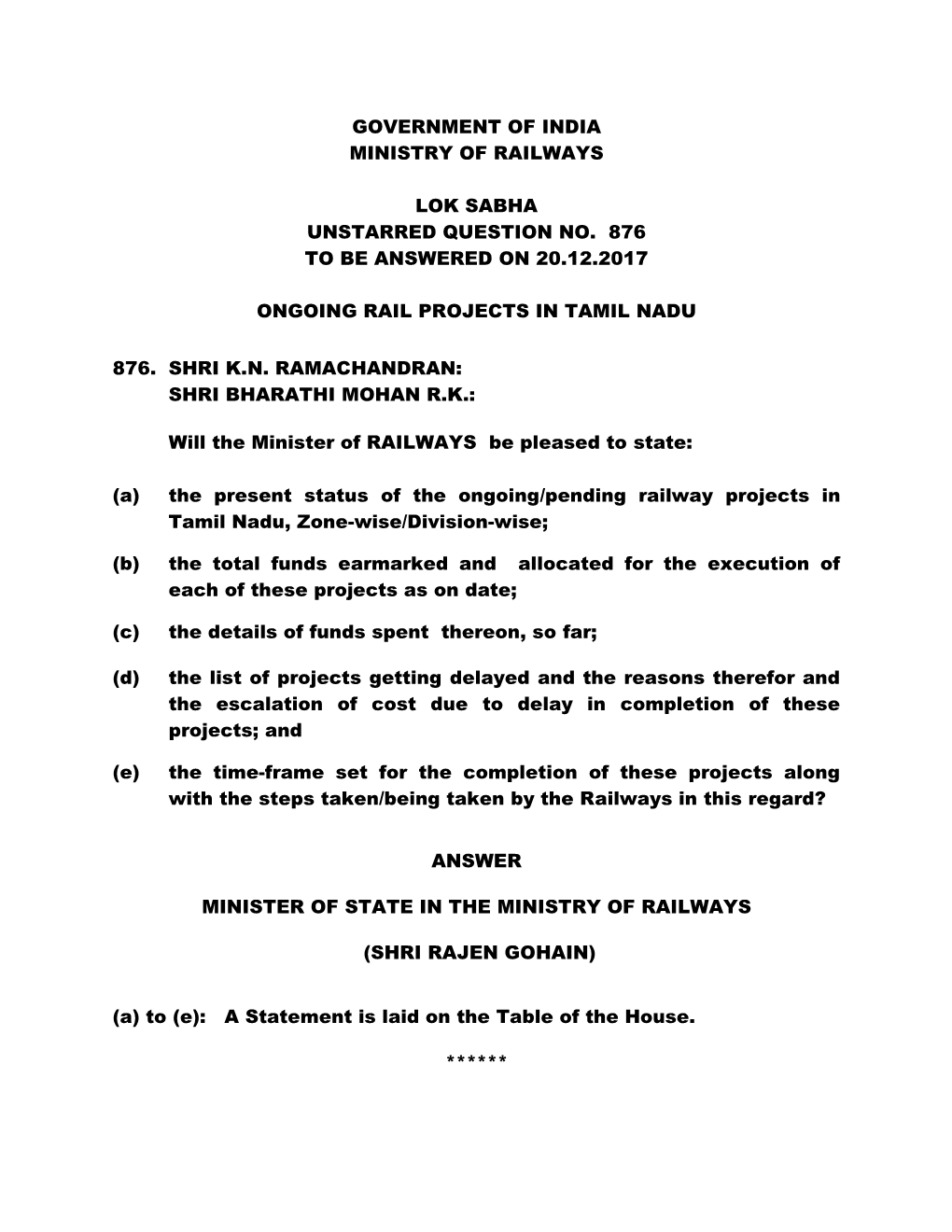 Government of India Ministry of Railways Lok Sabha