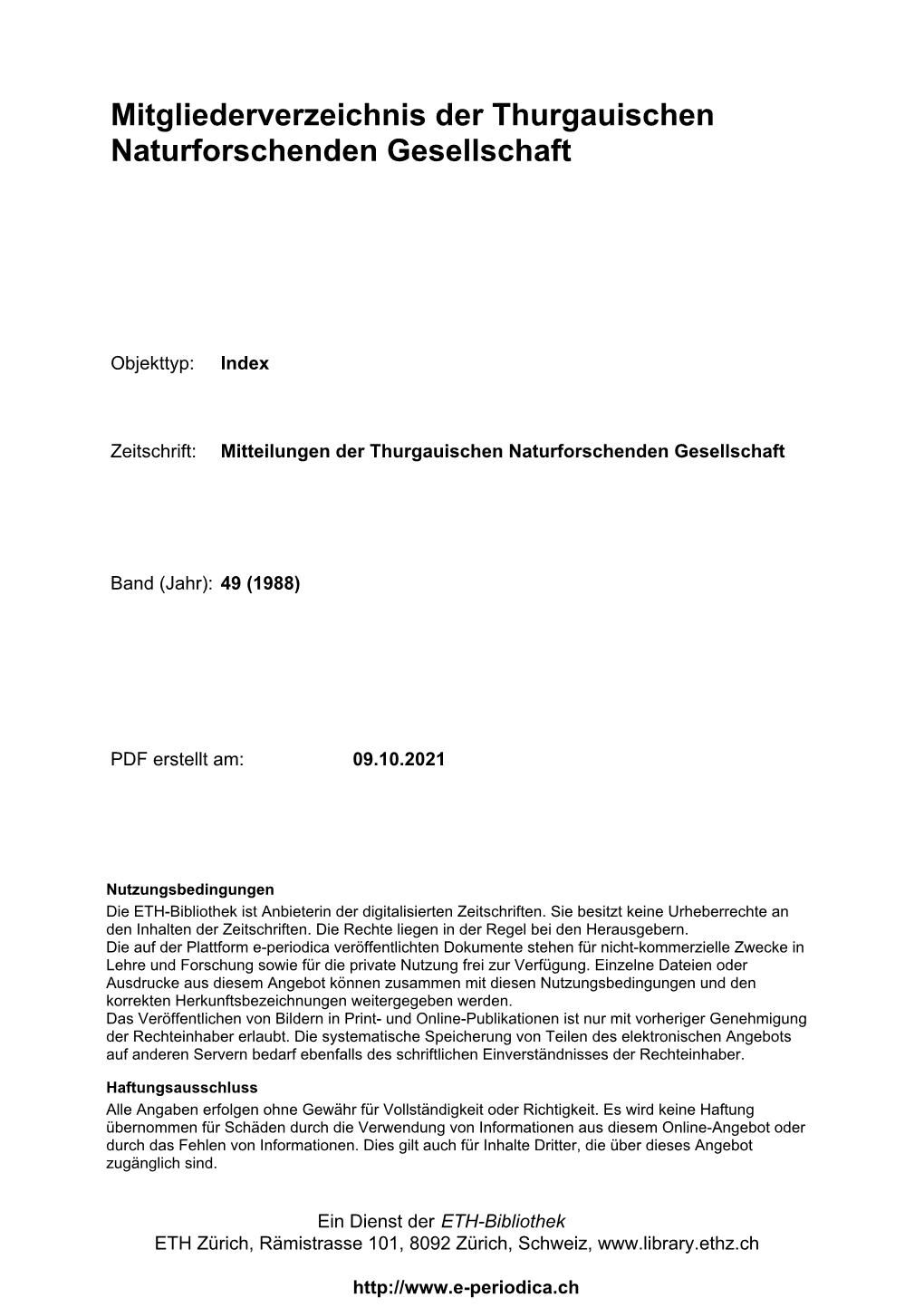 Mitgliederverzeichnis Der Thurgauischen Naturforschenden Gesellschaft