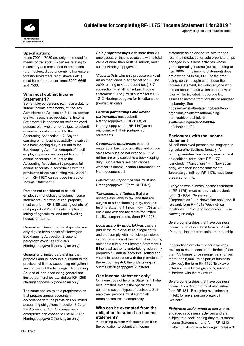 RF-1176 Guidelines for Completing RF-1175 Income Statement 1 for 2019