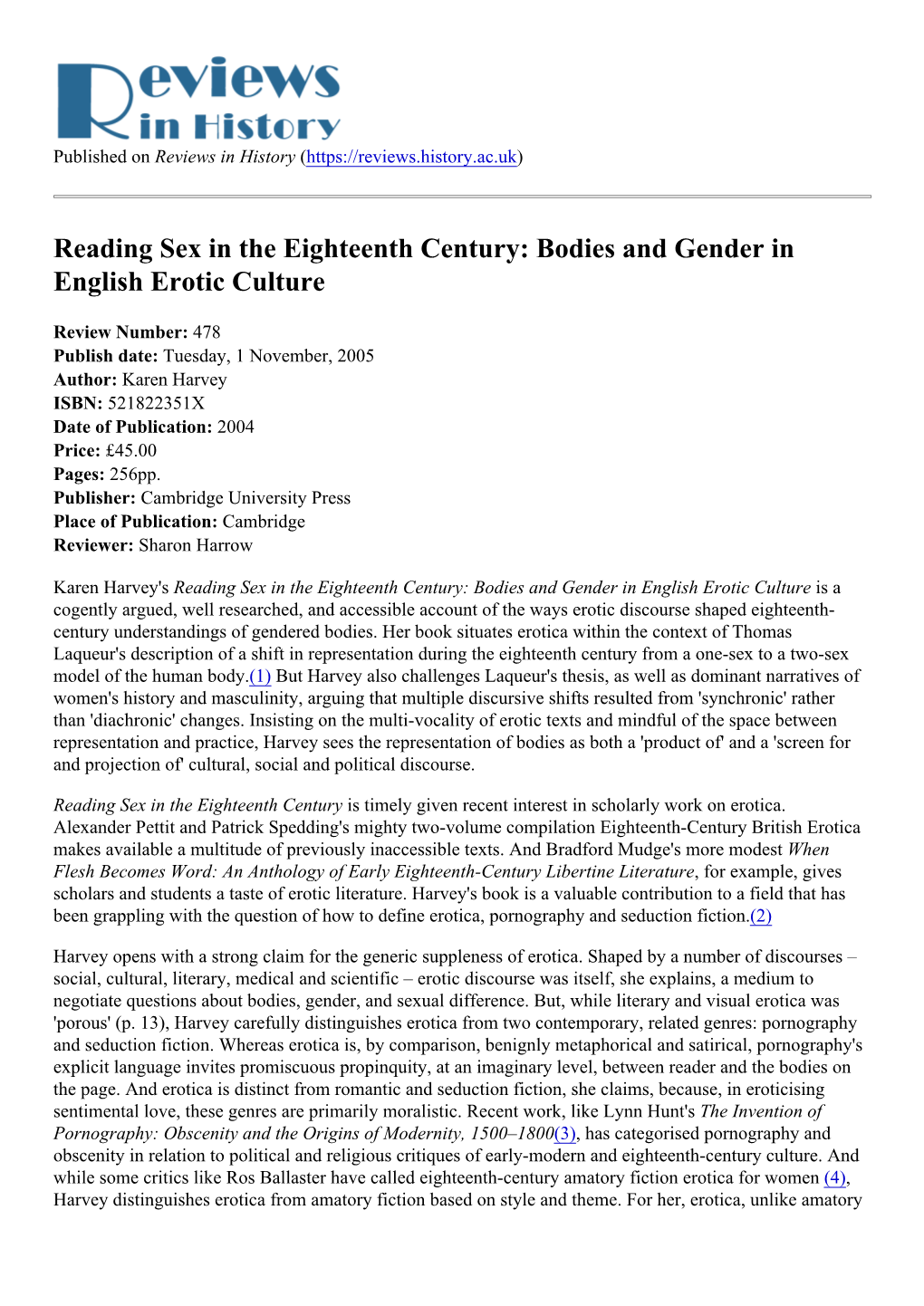 Reading Sex in the Eighteenth Century: Bodies and Gender in English Erotic Culture