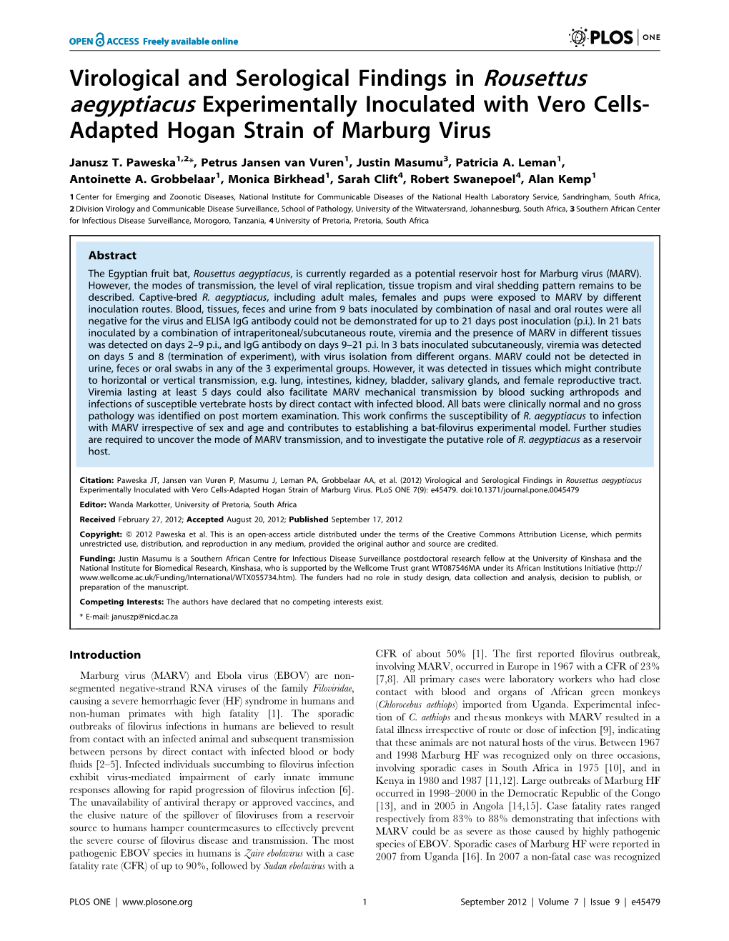 Virological and Serological Findings in Rousettus Aegyptiacus Experimentally Inoculated with Vero Cells- Adapted Hogan Strain of Marburg Virus