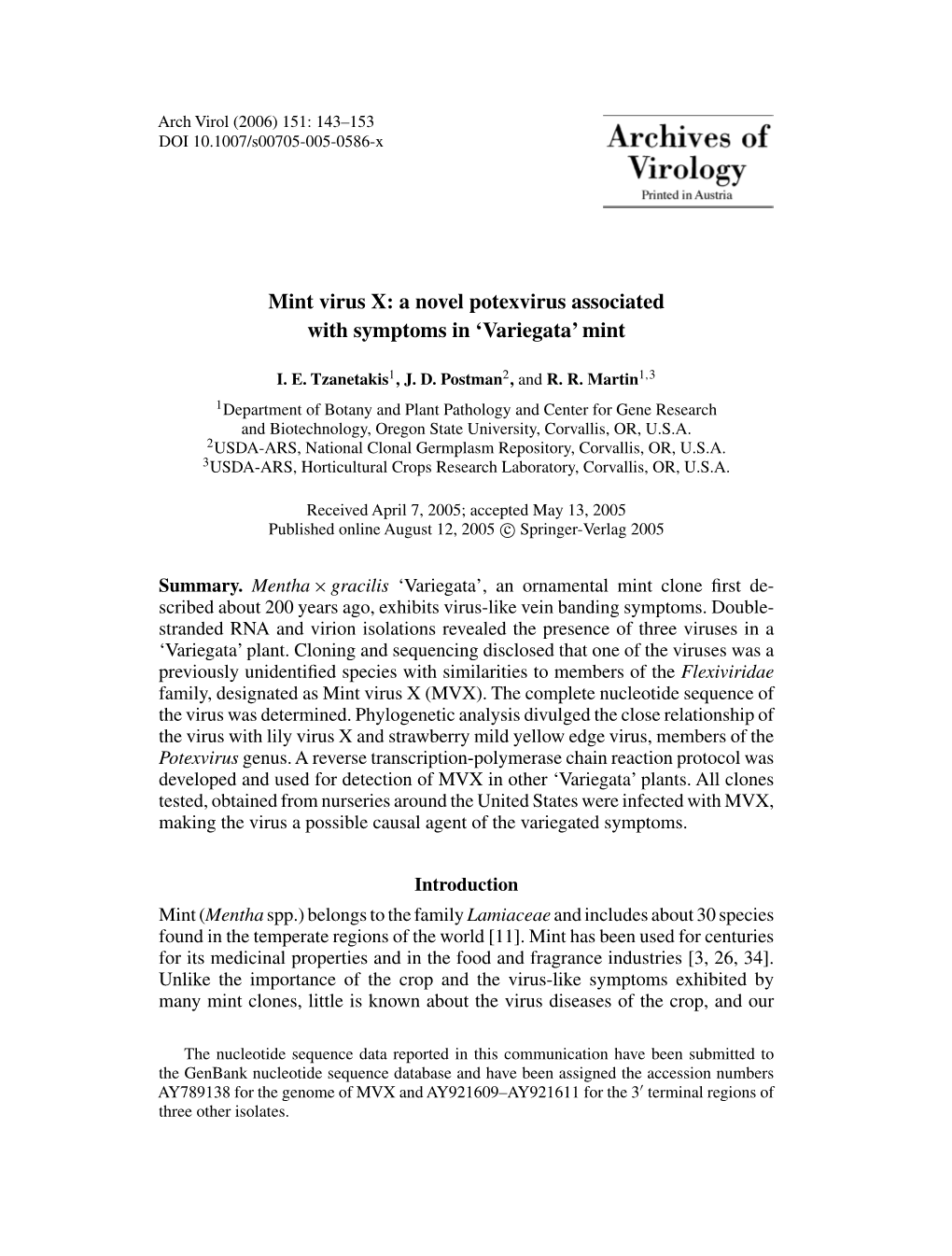 Mint Virus X: a Novel Potexvirus Associated with Symptoms in ‘Variegata’ Mint