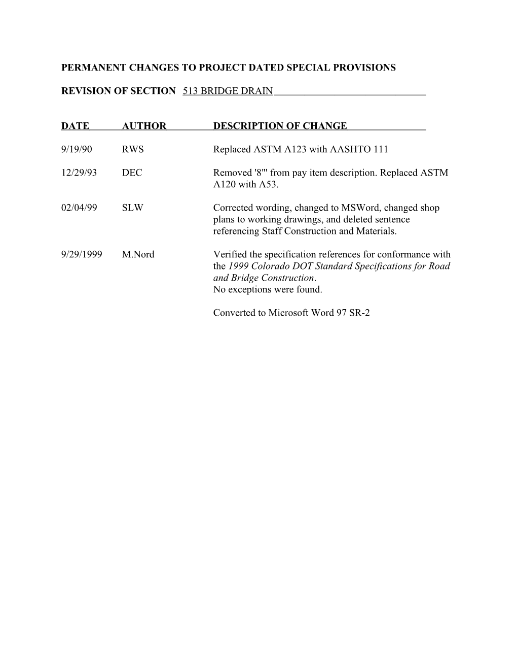 Permanent Changes to Project Dated Special Provisions