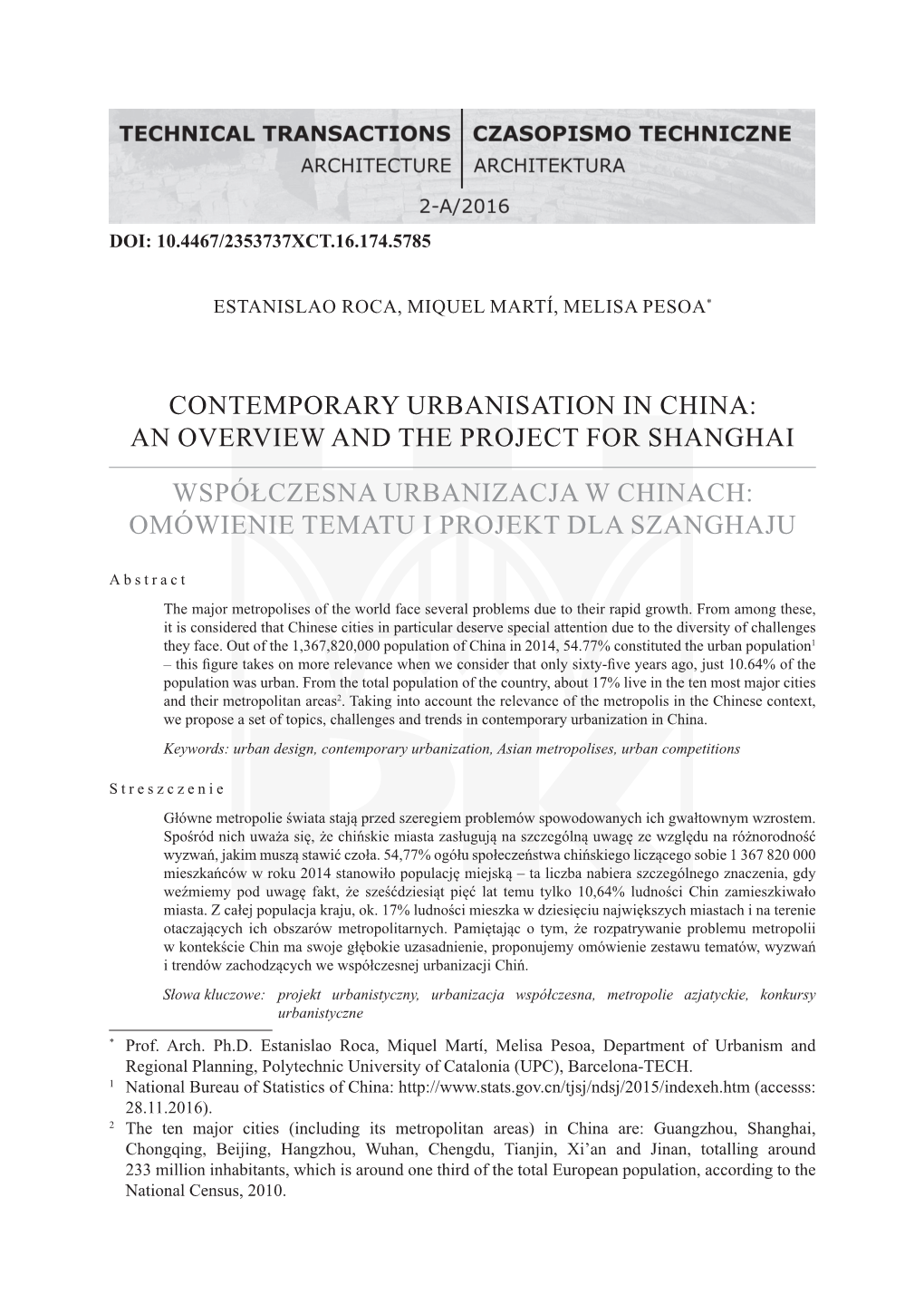 Contemporary Urbanisation in China: an Overview and the Project for Shanghai