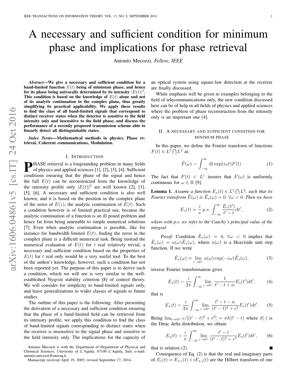 A Necessary and Sufficient Condition for Minimum Phase And