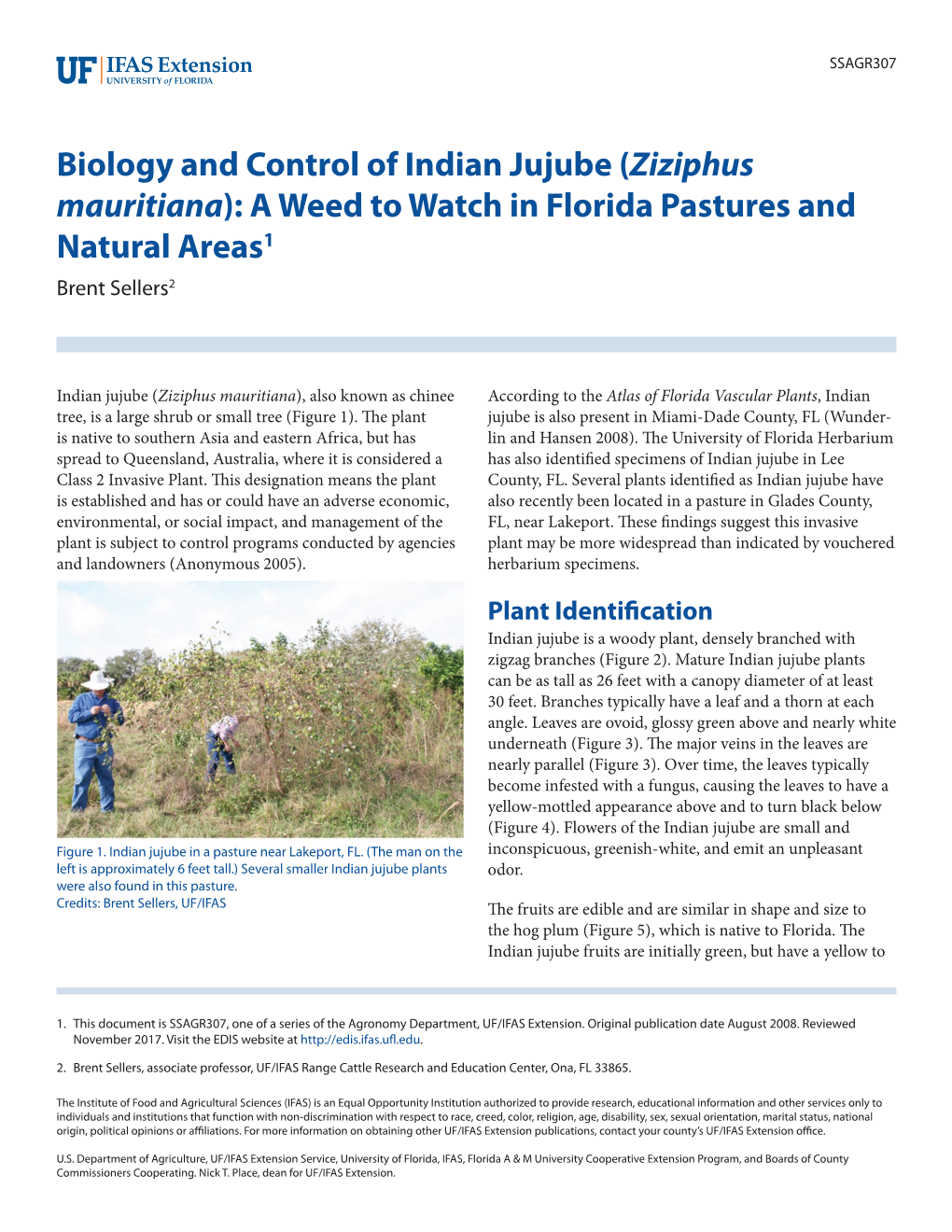 Biology and Control of Indian Jujube (Ziziphus Mauritiana): a Weed to Watch in Florida Pastures and Natural Areas1 Brent Sellers2