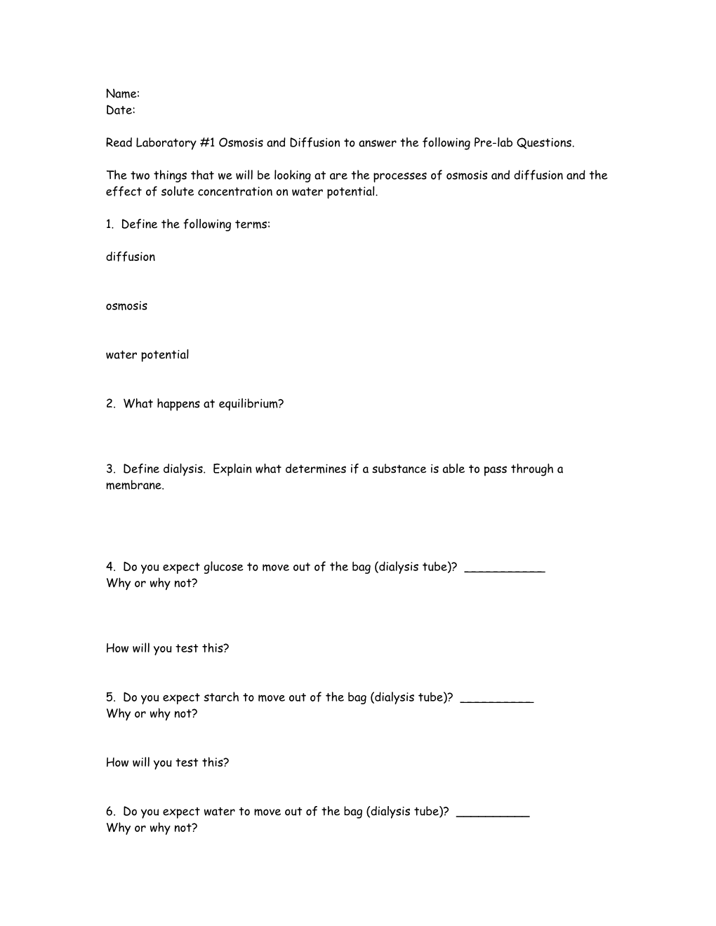 Read Laboratory #1 Osmosis and Diffusion to Answer the Following Pre-Lab Questions