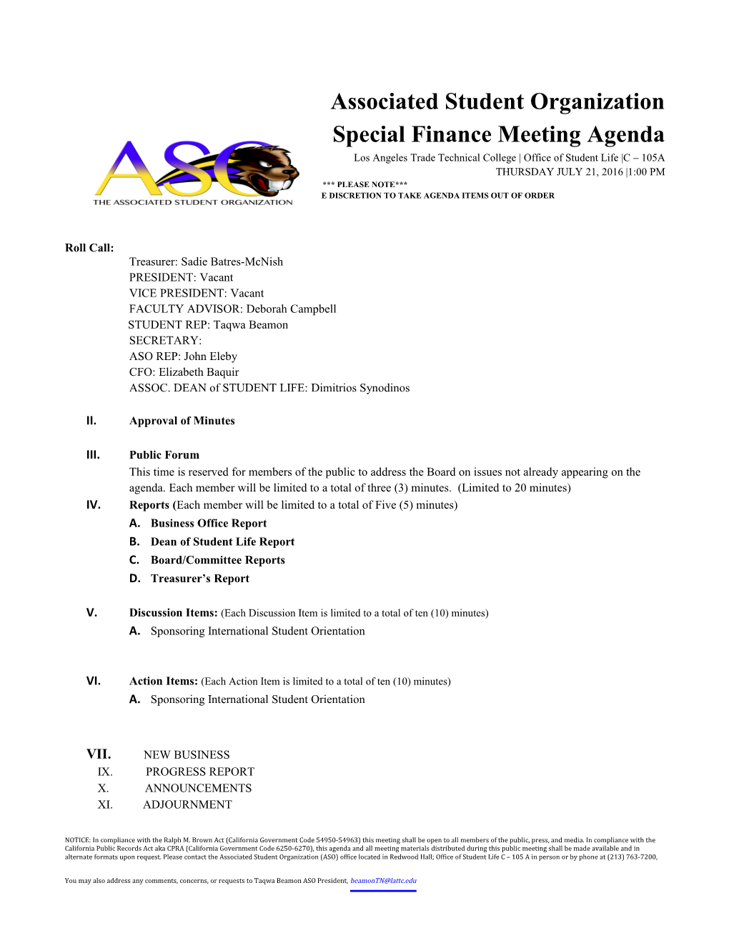 Special Finance Meeting Agenda